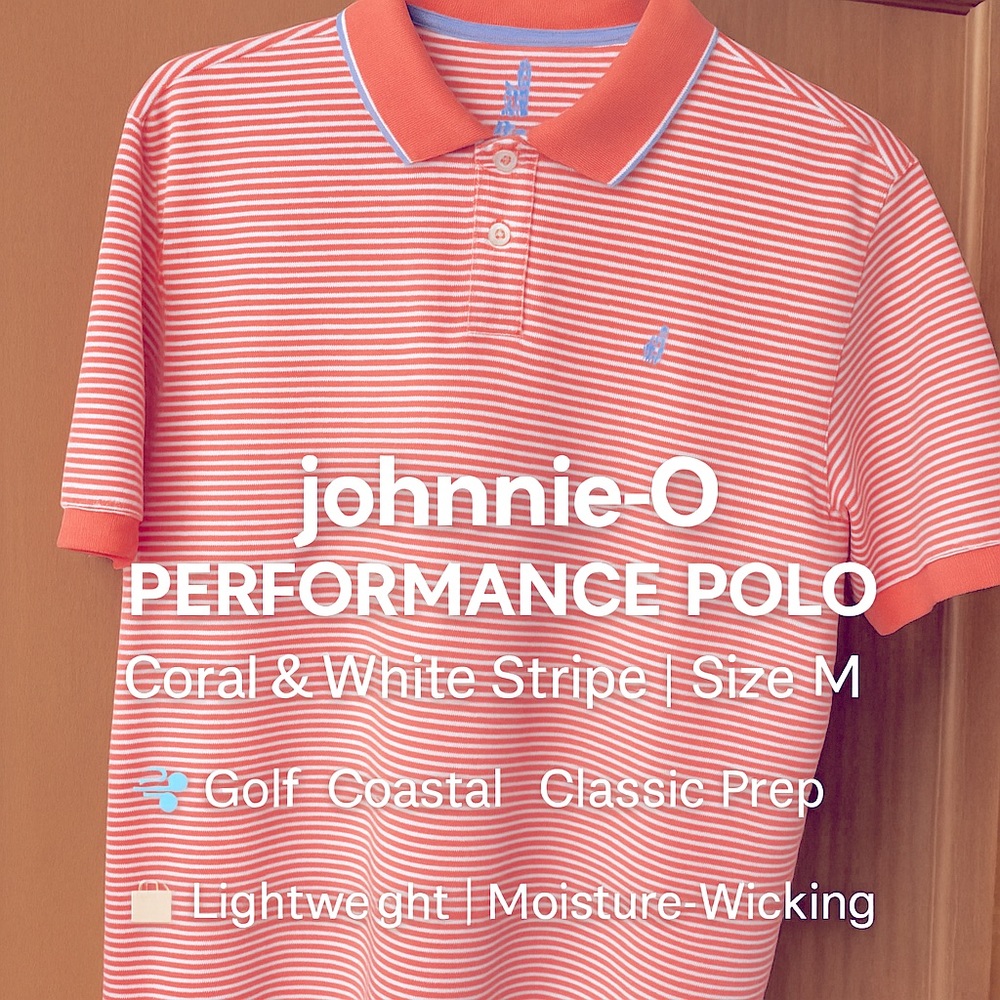 johnnie-O Performance Polo Shirt M – Coral White Striped Golf Style